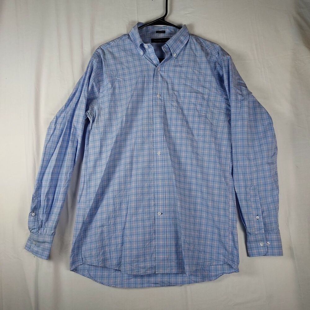 Tommy Hilfiger Men’s Button Down Shirt Regular Fit Blue Plaid Long Sleeve Cotton
